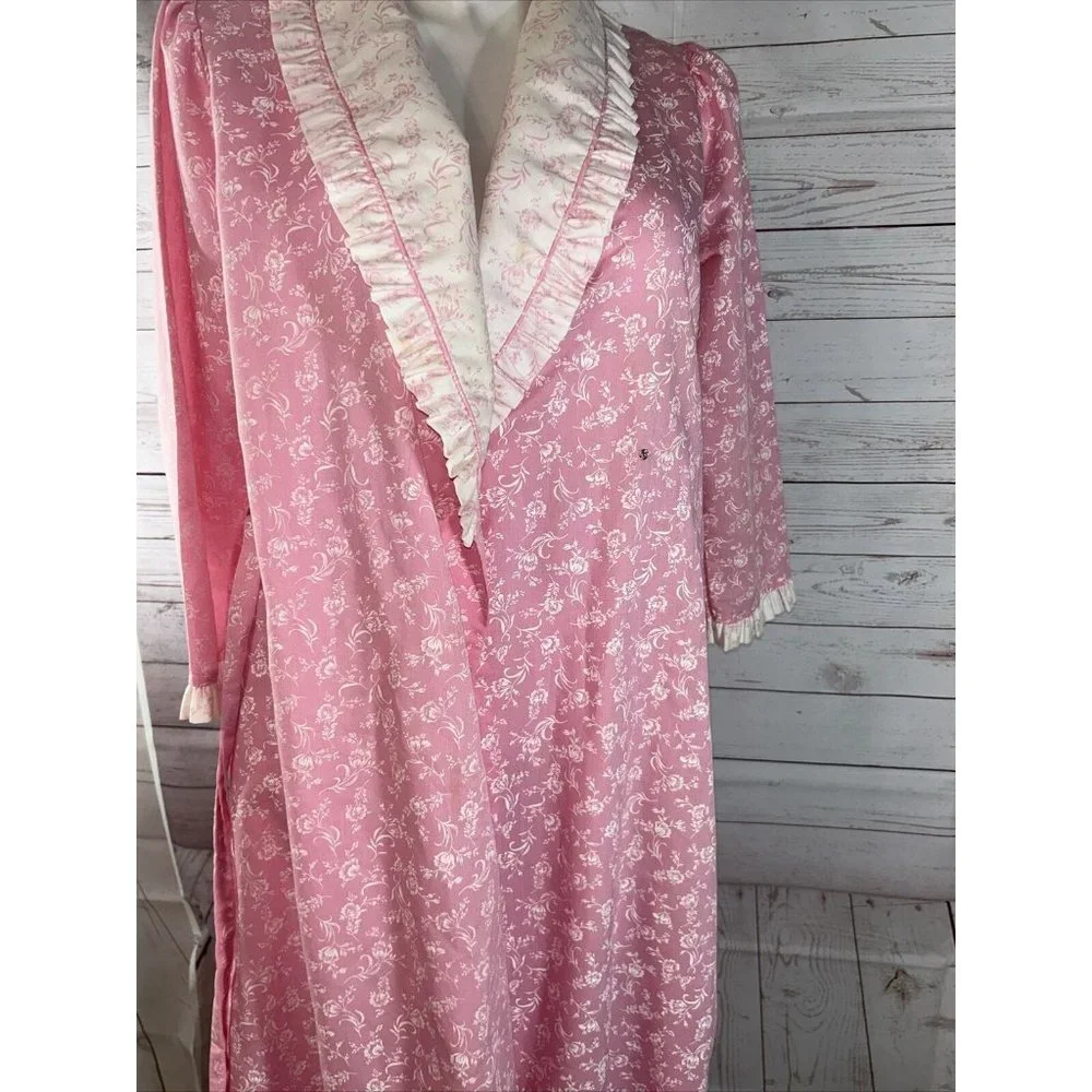 Vintage Leisure Life Long Pink white floral Robe Slash Pockets Dressing Gown USA - Picture 6 of 11